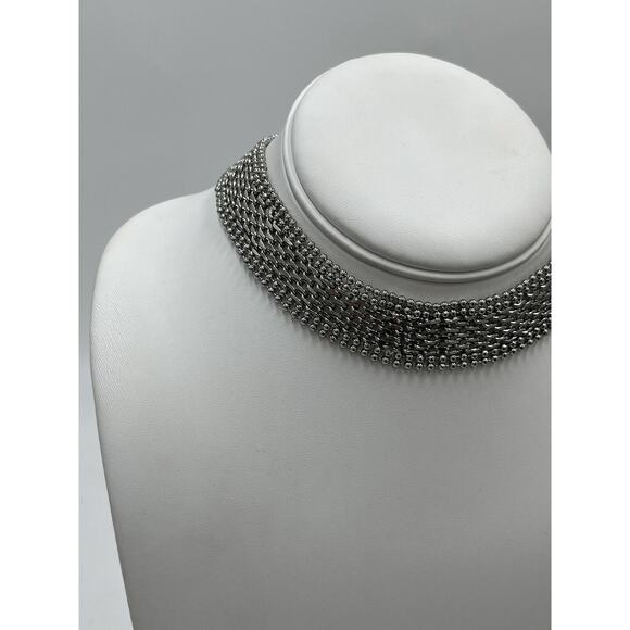 White House Black Market Silver Tone Mesh Woven Beaded ADJ Choker Necklace New - Picture 8 of 10